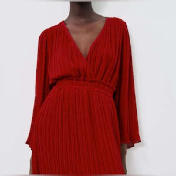 Zara Red Pleated Midi Dress - Picture 5 of 7
